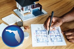 florida map icon and architect with model home and floor plans