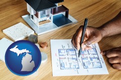 michigan map icon and architect with model home and floor plans