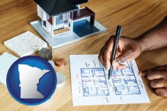 minnesota map icon and architect with model home and floor plans