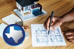 texas map icon and architect with model home and floor plans
